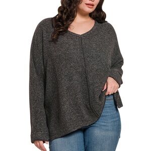 Zenana:SWEATER BLACK PLUS  -NECK CENTER SEAM SWEATER SOFT COZY